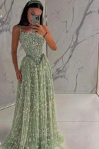 Sage A Line Evening Dress Silver Crystal Beaded Corset Chapel Train