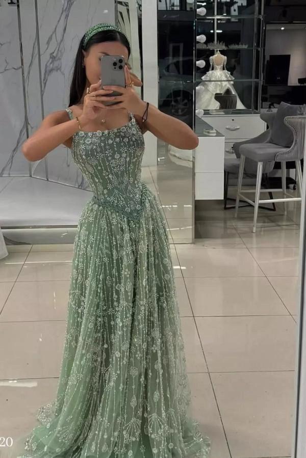 Sage A Line Evening Dress Silver Crystal Beaded Corset Chapel Train