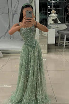 Sage A Line Evening Dress Silver Crystal Beaded Corset Chapel Train