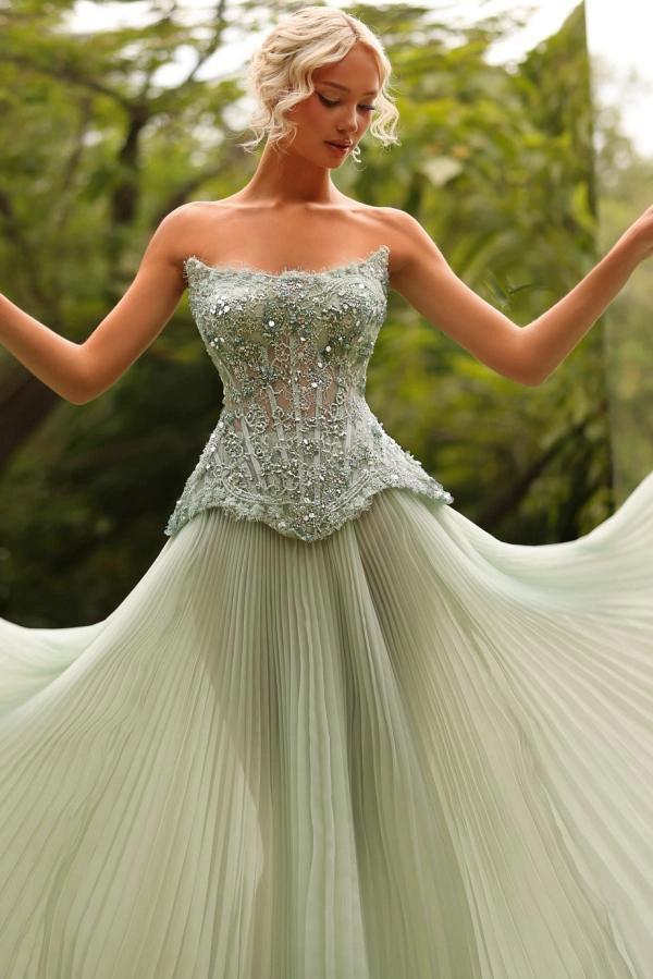 Sage A-Line Evening Gown Strapless Sweetheart Crystal Beaded Tulle Dress