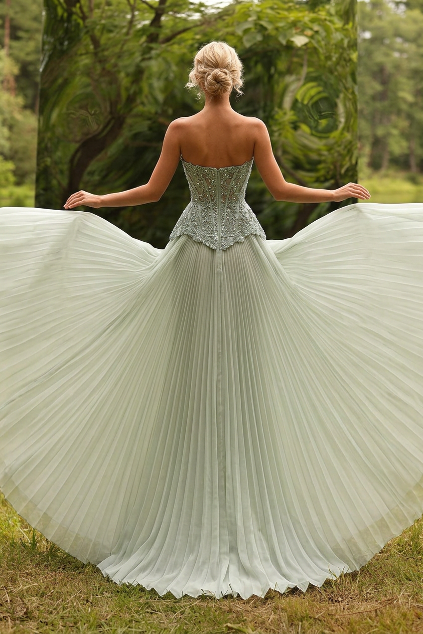 Sage A-Line Evening Gown Strapless Sweetheart Crystal Beaded Tulle Dress