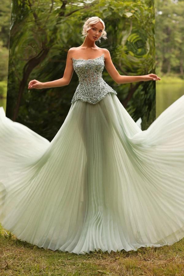 Sage A-Line Evening Gown Strapless Sweetheart Crystal Beaded Tulle Dress