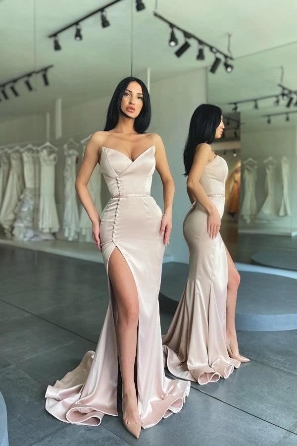 Sage Green Strapless Satin Mermaid Gown With Pearl Buttons And Slit