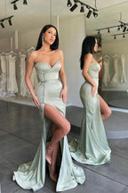 Sage Green Strapless Satin Mermaid Gown With Pearl Buttons And Slit