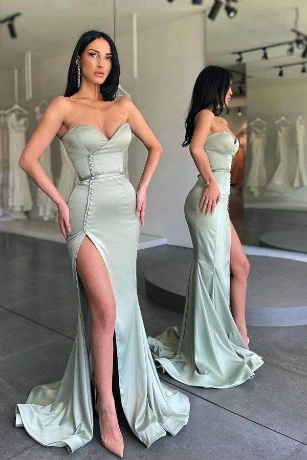 Sage Green Strapless Satin Mermaid Gown With Pearl Buttons And Slit