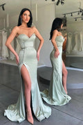 Sage Green Strapless Satin Mermaid Gown With Pearl Buttons And Slit