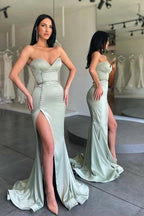 Sage Green Strapless Satin Mermaid Gown With Pearl Buttons And Slit