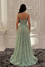 Sage Green Sequin A Line Prom Dress With Sweetheart Neckline And Sweep Train