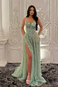 Sage Green Sequin A Line Prom Dress With Sweetheart Neckline And Sweep Train