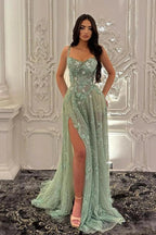 Sage Green Sequin A Line Prom Dress With Sweetheart Neckline And Sweep Train