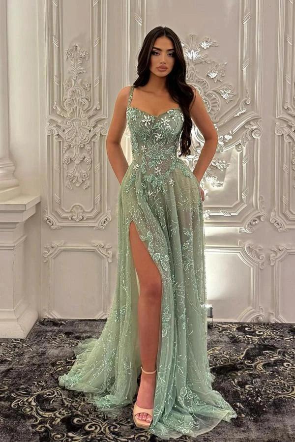 Sage Green Sequin A Line Prom Dress With Sweetheart Neckline And Sweep Train