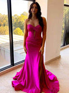 Navy Blue Strapless Mermaid Corset Prom Dress With Slit
