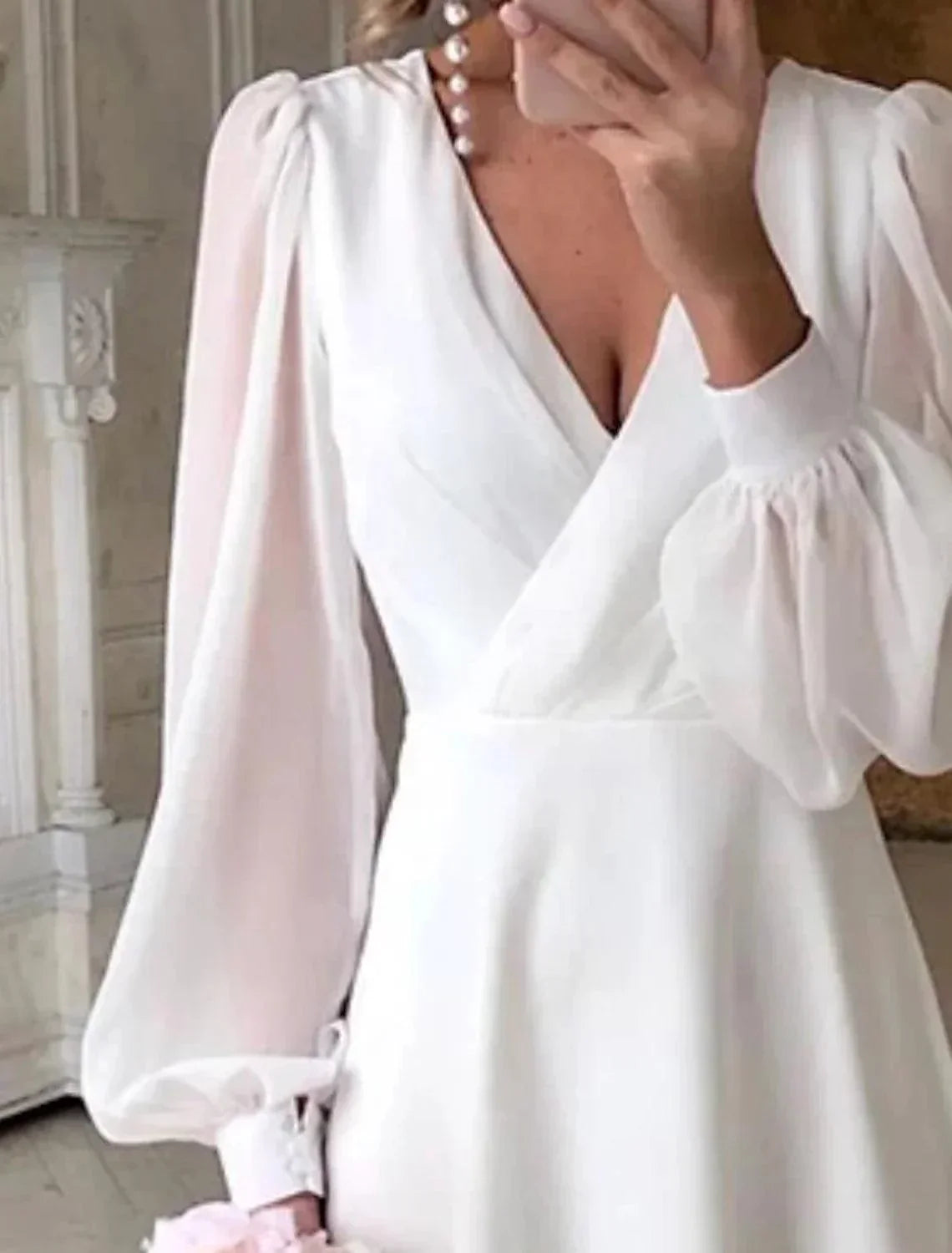 Abiti da Sposa Reception Piccoli Abiti Bianchi Abiti da Sposa a Linea A Scollo a V Maniche Lunghe Lunghezza Caviglia Abiti Nuziali in Chiffon a Colore Pieno