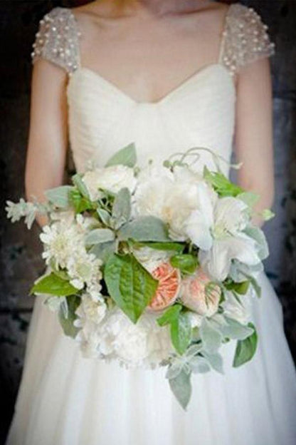 Scoop Cap Sleeves Sweep Train Beading Pleated Wedding Dress with Beading