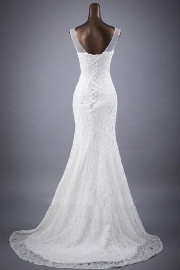 Robe de mariée trompette/queue de sirène en dentelle avec appliques et encolure dégagée