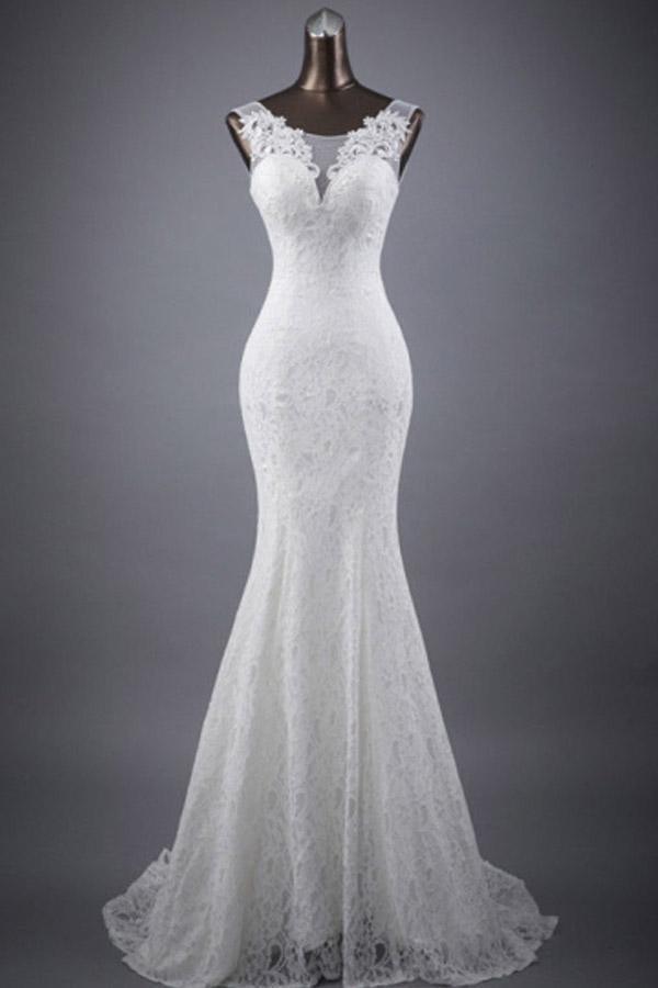 Robe de mariée trompette/queue de sirène en dentelle avec appliques et encolure dégagée