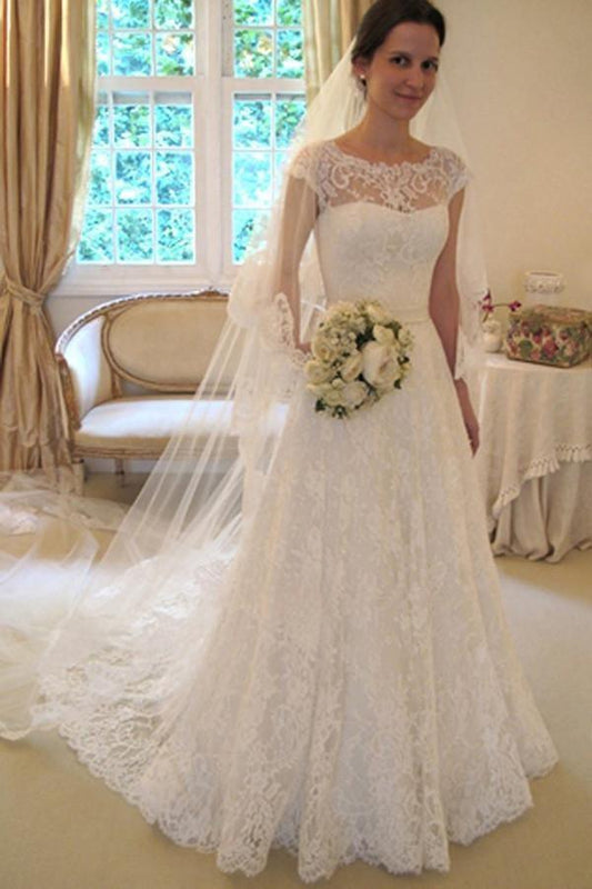 A-Linien-Brautkleid mit U-Ausschnitt und kurzen Ärmeln und Spitze