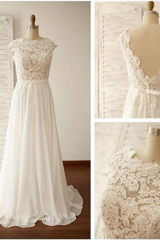 Brautkleid mit U-Ausschnitt, V-Rücken, Spitze, A-Linie und Flügelärmeln