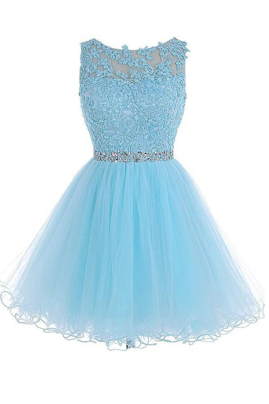 Scoop Short Blue Zipper-up Tulle Homecoming Dress