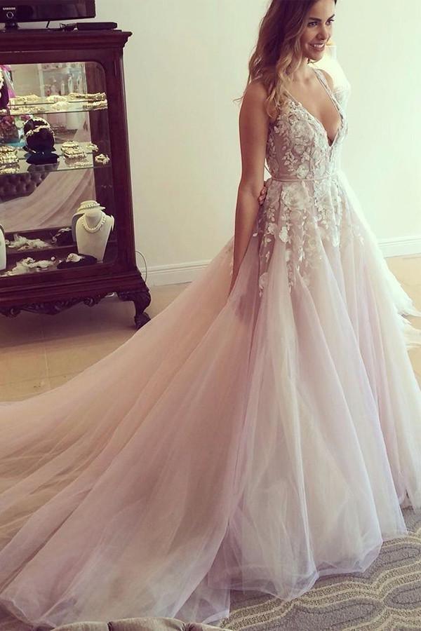 Scoop V-neck Long Wedding Dress/Prom Dress with Appliques