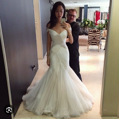 Off The Shoulder Satin Lace A Line Wedding Dress With Long Sleeves Floor Length