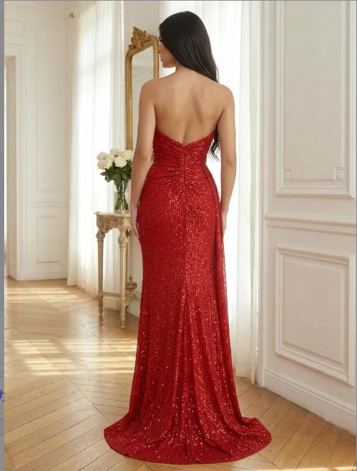 Ruby Red Sequin Strapless Long Prom Dress With Ruched Bodice And High Slit