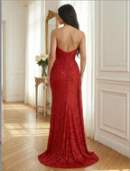 Ruby Red Sequin Strapless Long Prom Dress With Ruched Bodice And High Slit