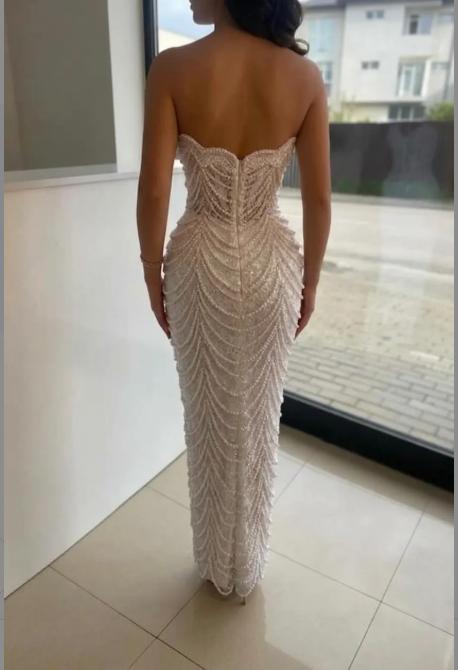 Luxury Strapless Sheath Lace Pearl Prom Dress Mermaid Floor
