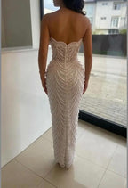 Luxury Strapless Sheath Lace Pearl Prom Dress Mermaid Floor