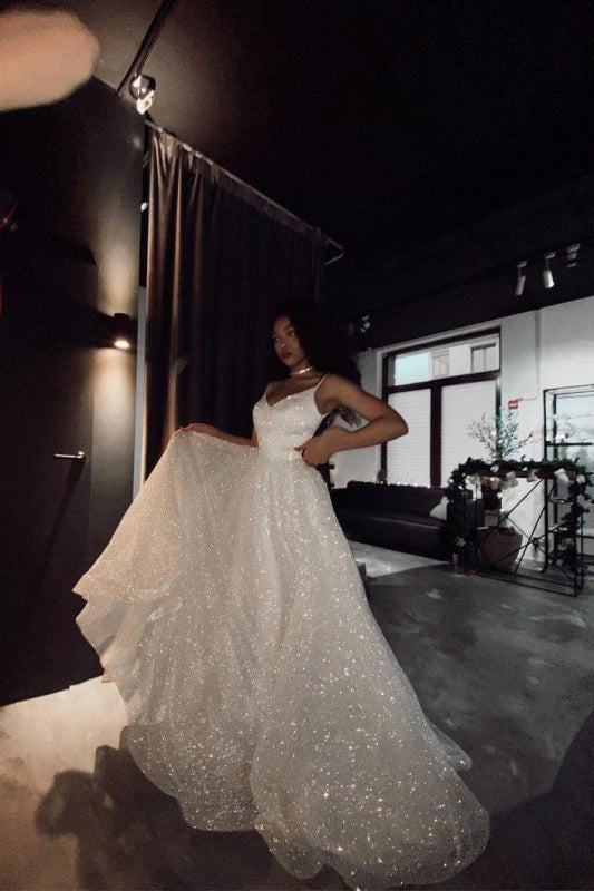 Shiny Sequins Spaghetti Straps A Line Wedding Dress Radiant Sparkle