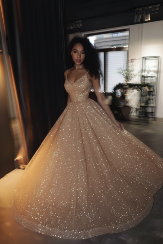 Shiny Sequins Spaghetti Straps A Line Wedding Dress Radiant Sparkle
