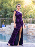 Abito lungo da sera con paillettes a spalla unica Grape Mermaid con spacco