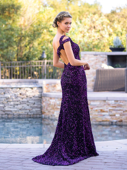 Vestido de fiesta largo de sirena con un solo hombro, lentejuelas y abertura