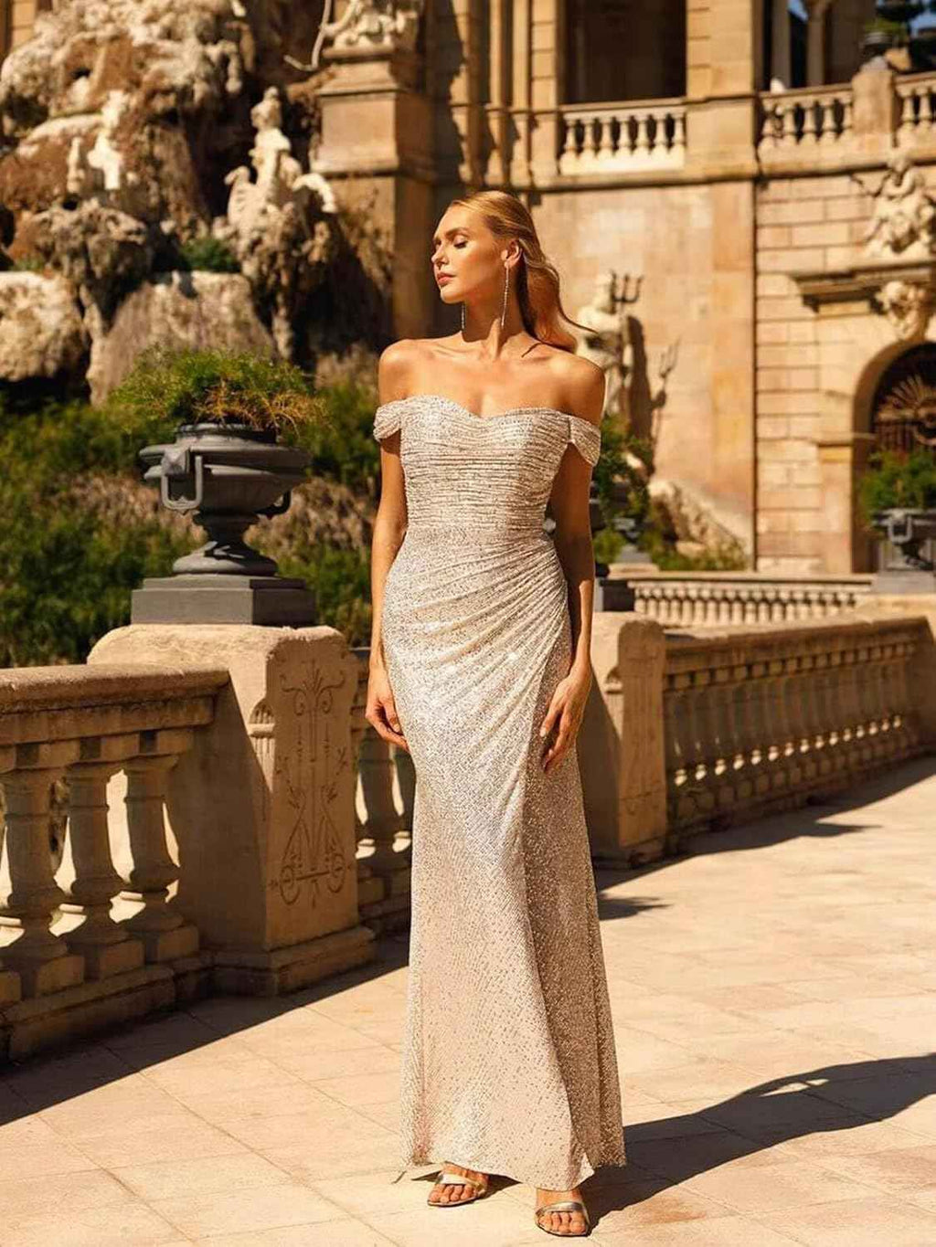 Sequin Prom Dress Off Shoulder V Neck Long Ball Gown With Slit Formal Evening