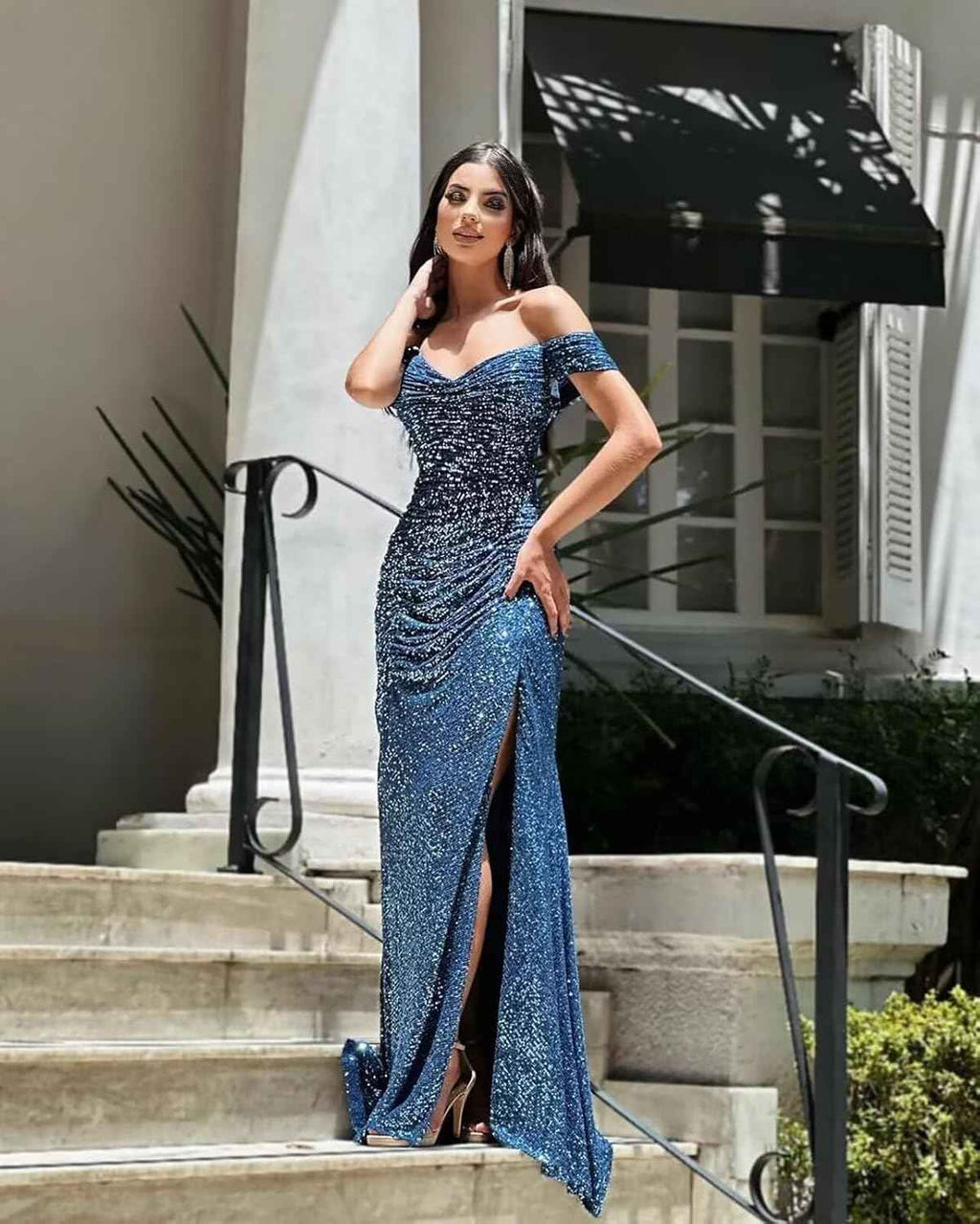 Sequin Prom Dress Off Shoulder V Neck Long Ball Gown With Slit Formal Evening