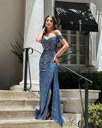 Sequin Prom Dress Off Shoulder V Neck Long Ball Gown With Slit Formal Evening