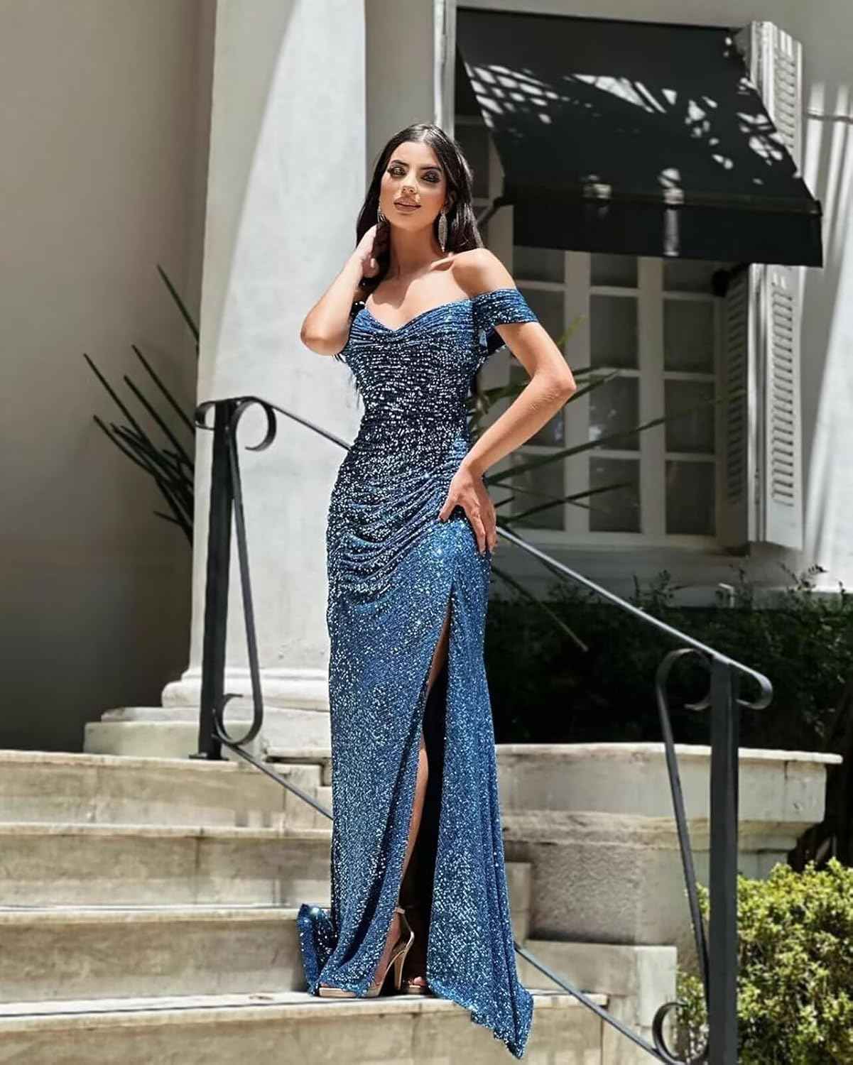Sequin Prom Dress Off Shoulder V Neck Long Ball Gown With Slit Formal Evening
