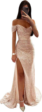 Sequin Prom Dress Off Shoulder V Neck Long Ball Gown With Slit Formal Evening