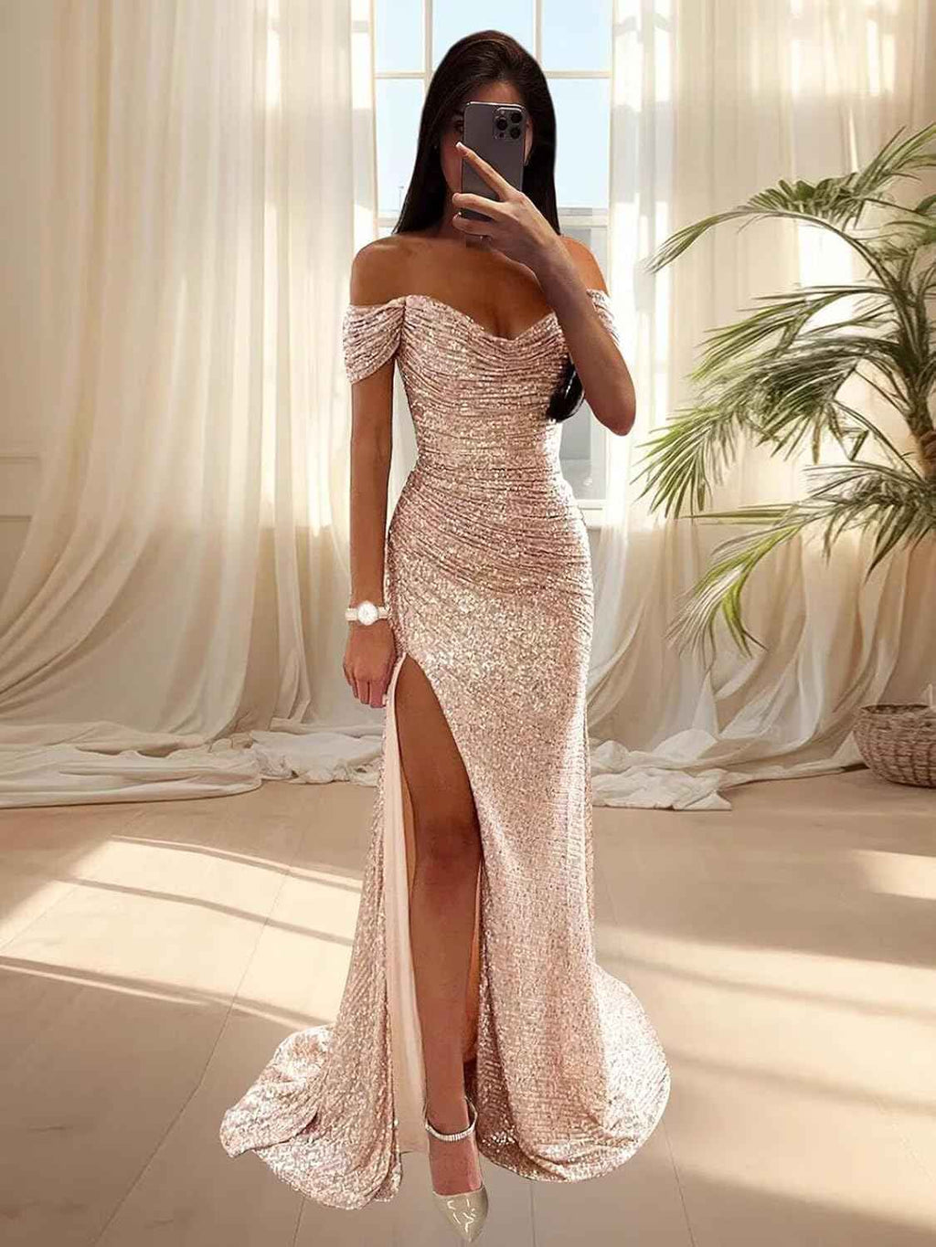Sequin Prom Dress Off Shoulder V Neck Long Ball Gown With Slit Formal Evening