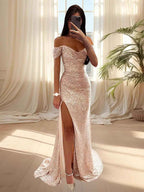 Sequin Prom Dress Off Shoulder V Neck Long Ball Gown With Slit Formal Evening