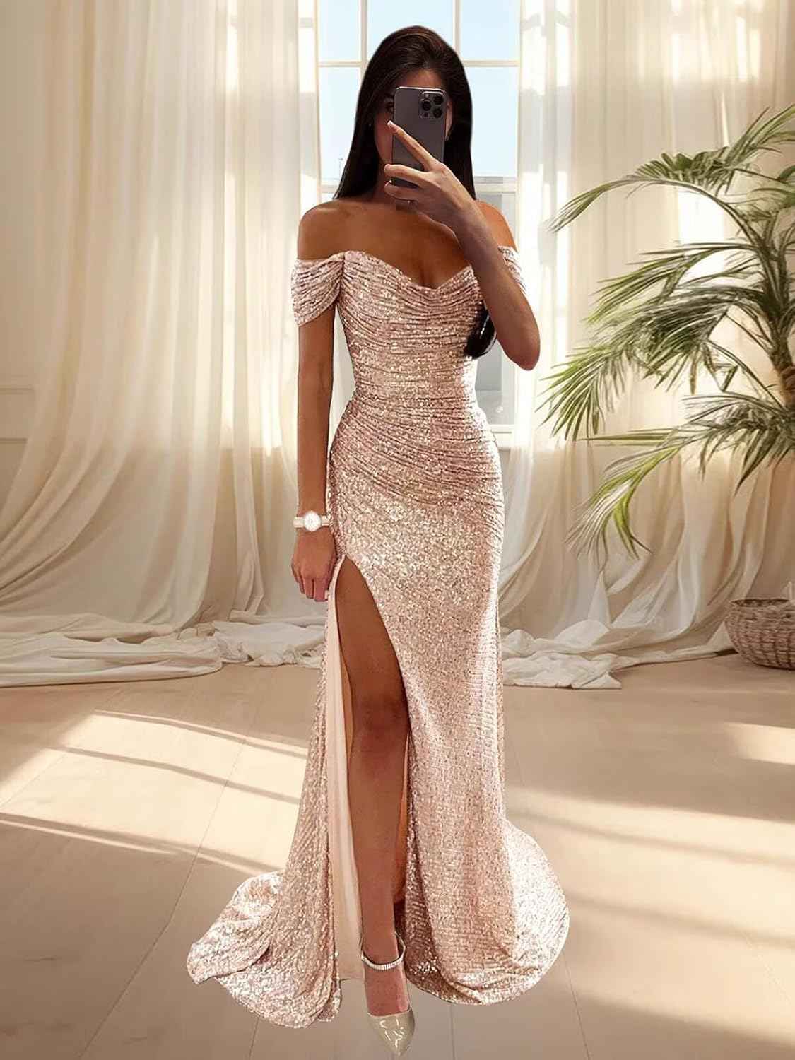 Sequin Prom Dress Off Shoulder V Neck Long Ball Gown With Slit Formal Evening