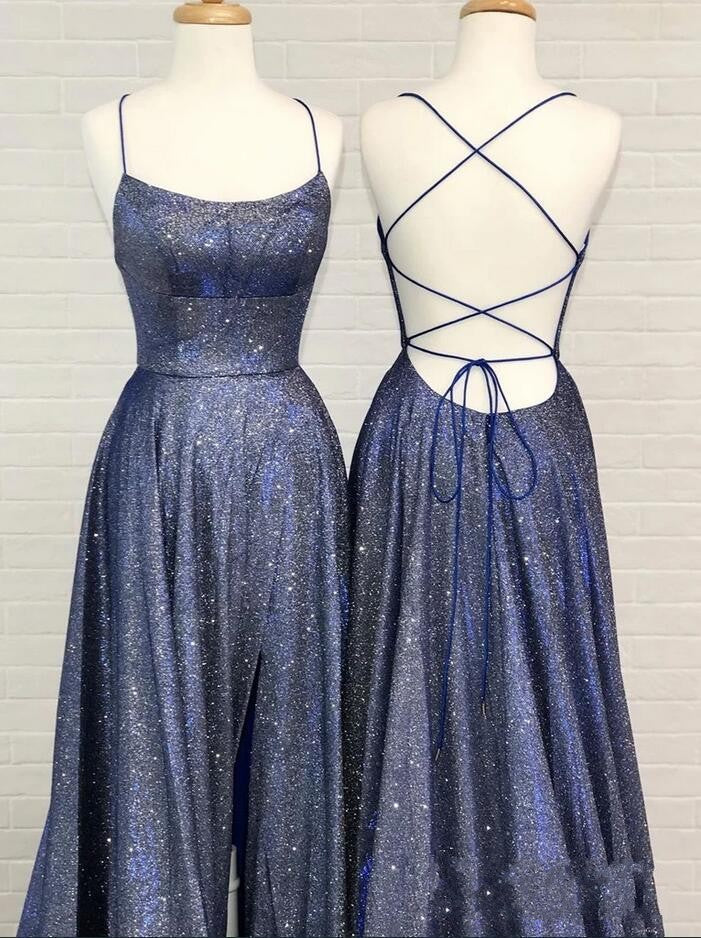 Vestido de fiesta largo sexy de seda brillante con espalda abierta y abertura en la espalda