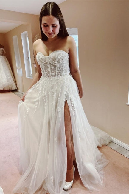 Sexy A-Linie Lange Glitzerspitze Ärmellose Brautkleider Mit Schlitz