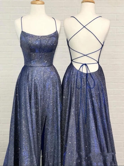 Sexy A-Linie Spaghettiträger Rüschen Ballkleid mit Schlitz 