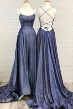 Vestido de fiesta sexy de corte A con tirantes finos, volantes y abertura 