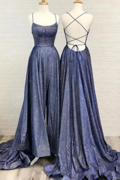 Sexy A-Linie Spaghettiträger Rüschen Ballkleid mit Schlitz 
