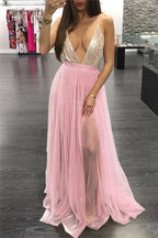Sexy A-line V-neck Backless Long Prom Dress with Slit