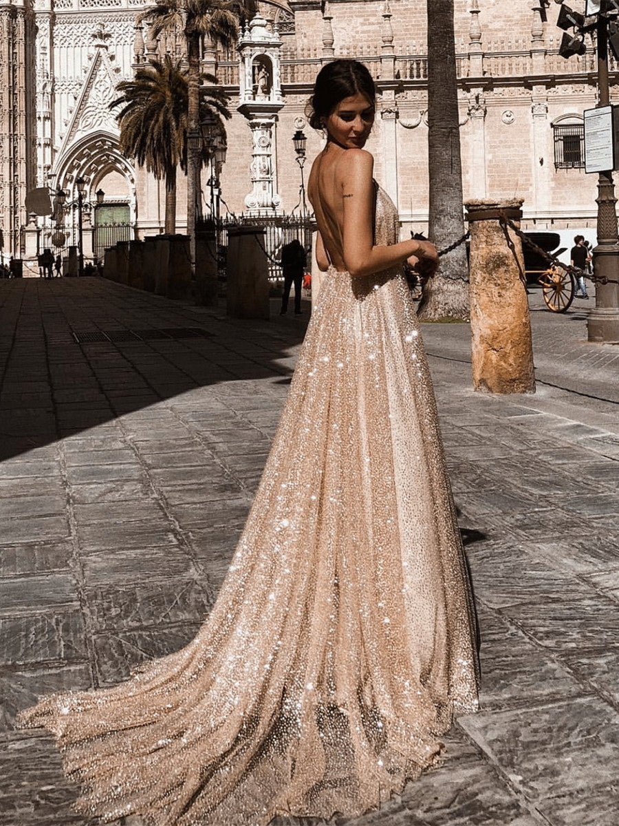 Vestidos de fiesta formales sexis con escote en V, espalda descubierta, largos y brillantes