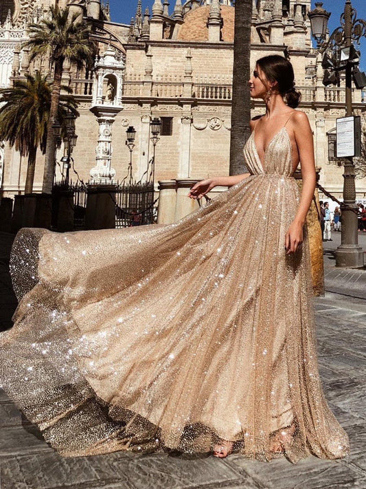 Vestidos de fiesta formales sexis con escote en V, espalda descubierta, largos y brillantes
