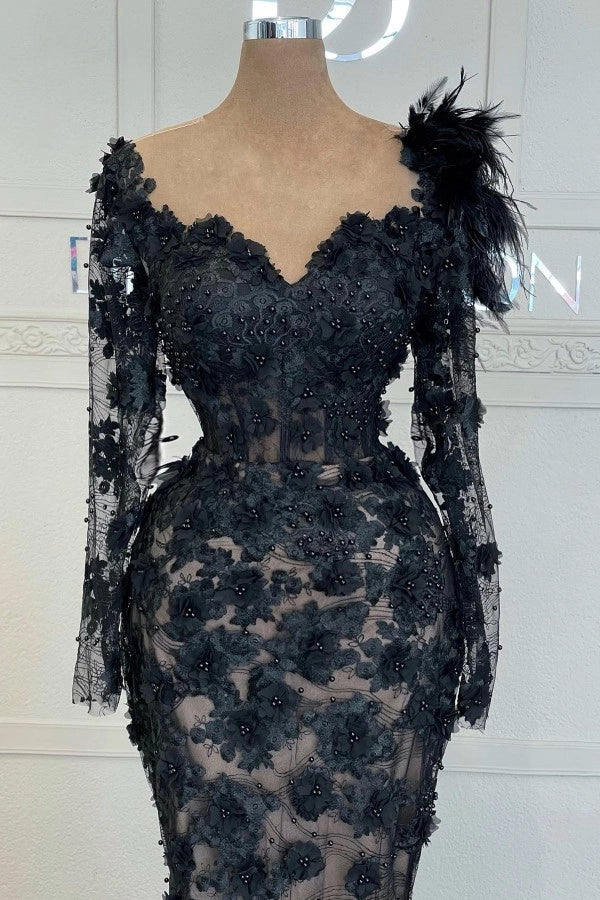 Sexy Black Sweetheart Long Sleeves Mermaid Prom Dress With Beads And Appliques